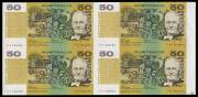 AUSTRALIA: Fifty Dollars 1989 Phillips/Fraser uncut right marginal block of 4 with prefix letters 'YYE/YYF/YYP/YYQ' & numbered '000009', Cat $2350. Only 72 such blocks were sold.