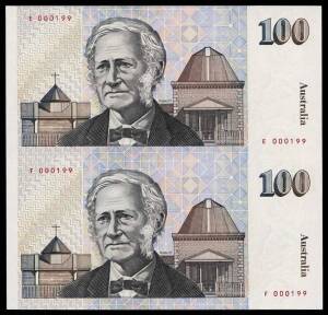 AUSTRALIA: One Hundred Dollars 1995 $100 Fraser/Cole presentation folder with an Uncut Vertical Pair numbered in Red 'E 000199/F 000199'.