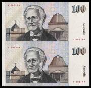 AUSTRALIA: One Hundred Dollars 1995 $100 Fraser/Cole presentation folder with an Uncut Vertical Pair numbered in Red 'E 000199/F 000199'.