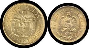 SOUTH AMERICA: Gold, Colombia 1928 5 pesos EF and Mexico 1955 5 pesos EF, (total 0.356oz agw). (2)