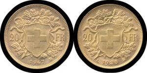 SWITZERLAND: Gold 20f 1935BL (restrike) and 1947, EF/aUnc, plus Italy 1931 100L aUnc, (total 0.628oz agw). (3)