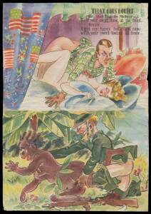 NEW GUINEA: WWII Japanese coloured propaganda leaflet suggesting to Australian troops their women were being more than tempted by US troops back home, a bit crumpled still most attractive. Some clients may find the content offensive. [This item sold for $