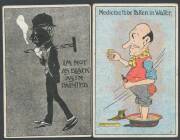 AUSTRALIA: Album of artist cards mostly humourous including fine work by Norman Lindsay "The Bicycle Road Race", Tom Cross WWI subjects x6, David Souter x4, Cyril Dillon x2, "Zif" x3, Red Nolan x9, Weston x4, Harold Stephens x3,J Muir Auld, etc, also Auss - 2