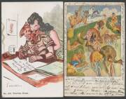 AUSTRALIA: Album of artist cards mostly humourous including fine work by Norman Lindsay "The Bicycle Road Race", Tom Cross WWI subjects x6, David Souter x4, Cyril Dillon x2, "Zif" x3, Red Nolan x9, Weston x4, Harold Stephens x3,J Muir Auld, etc, also Auss - 3