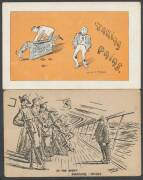 AUSTRALIA: Album of artist cards mostly humourous including fine work by Norman Lindsay "The Bicycle Road Race", Tom Cross WWI subjects x6, David Souter x4, Cyril Dillon x2, "Zif" x3, Red Nolan x9, Weston x4, Harold Stephens x3,J Muir Auld, etc, also Auss - 4