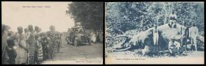 FRENCH COLONIES - IVORY COAST: Box of indigenous subjects, Colonial influence etc from many publishers including several Missions Africaines types, early automobile & tractor, Bastille Day parade, building houses, rafting down the rapids, natives sitting 