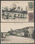 FRENCH COLONIES - IVORY COAST: Box of indigenous subjects, Colonial influence etc from many publishers including several Missions Africaines types, early automobile & tractor, Bastille Day parade, building houses, rafting down the rapids, natives sitting - 4