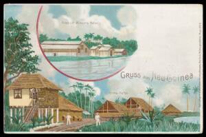 NEW GUINEA - GERMAN: 1899 usages of 10pf Postal Cards overprinted 'Deutsch-/Neu-Guinea' with artist views "Gruss aus Neu-Guinea" or "Gruss aus Stephansort", postally used to Germany with cds of 'HERBERTSHOHE' or 'STEPHANSORT', bumped corners. (2)