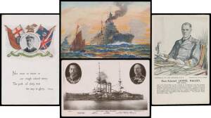 SUBJECTS BATTLESHIPS: 1916 (June 1) "Battle of Jutland" single-frame exhibit plus additional cards featuring the ships and their commanders, and a Wills cigarette card of Admiral Jellicoe, condition generally good to very fine used or unused. Ex John Bell