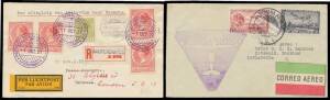 Foreign airmail covers comprising 1923 Morocco-Paris with black/orange 'PAR AVION VIA/TOULOUSE GARE' label, 1925 France-Senegal with commem label & 6-line cachet on the reverse x2, 1927 Holland-Batavia registered with pictorial cancels, 1928 Medan-Holland