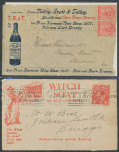 Odd lot with Australian advertising cards & business reply envelopes, advertising cover fronts c.1910 for Tolley's Brandy & 1926 for Witch Soap with 'JF/S' perfin on KGV 1&frac12;d red, Victorian 1872 & 1886 registration receipts, New Zealand 1d green Postal Car