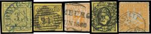 GERMAN STATES: Large stockbook with a duplicated array in very mixed condition, many very fine numeral & other early postmarks but many obviously forged postmarks, also revenues, Postal Stationery cutouts & a few entires plus four pages of Local Issues & 