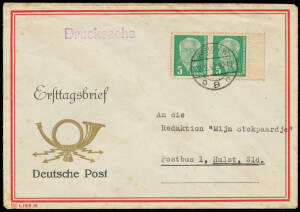 GERMANY: West Germany; 1949-81 appears complete to 1960s mostly mint, noted 1954 Huess to 3mk; East Germany with 1951 Germany-China Friendship used, 1952 5pf President Pieck FDC (tone spots, Cat &euro;600), mostly mint to 1990 including M/Ss and Officials. (Qt