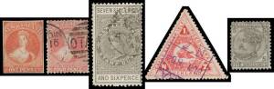 NEW ZEALAND: Collection in stockbook including 1857 imperf Chalons to 6d with 1d unused and perf to 1/-, 1878 to 5/-, 1898 5/- Mt Cook mint, 1906 Exhibition to 6d and Exhibition labels (no #6), 1931 Smiling Boys mint, QV fiscals to 10/- including 7/6d, Ar