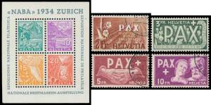 SWITZERLAND: 1850-1960 with Cantonals facsimiles, Munich/Berne Helvetias to 1f, 1882-1889 25c & 40c Standing Helvetia colour trial pairs and blocks of 4, other earlier definitives mint & used, 1923 1924 & 1929 Airmails * and/or used, M/Ss include 1934 NAB