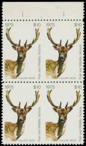 AUSTRALIA: 1975 Victorian Hunting Stamps $10 Fallow Deer marginal block of 4 from the top of the sheet Imperf Between Vertically, unmounted (flat gum).