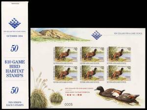 NEW ZEALAND: Duck Stamps 1994 (Oct) Fish & Game Council $10 Game Bird booklets of 50 x10 and numbered souvenir sheets of 6 with Hong Kong Exhibition overprint in red x100, unmounted. Face value $NZ6000.