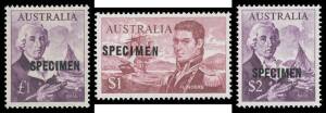 Specimens group to the 1990s with Kangaroos CofA set of 3 *, pre-decimal Navigators set of 6 with the 10/- & &pound;1 cream papers * and the other 4 ** plus the decimal Navigators a mixture of **/*; also includes BCOF set of 8 **, a group of decimal banknotes 