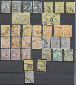 Album with pre-decimals mostly used including Roos First Wmk to &pound;1, Second Wmk to 6d, Third Wmk to 2/-, SMult Wmk to 2/-, CofA including 10/- & &pound;1 Specimens * and a range of OS officials to 2/-, KGV Heads to 1/4d, Engraved Kooka *, 5/- Bridge (used, thin
