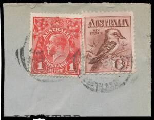 Envelope/parcel pieces 1) c.1915 linen-lined with KGV 1d & Engraved 6d Kookaburra; 2) 1930 with 3d Air, Third Wmk 1/- Roo & SMult Perf 13&frac12;x12&frac12; 1/4d pair; & 3) 1960 with Arms 5/- &pound;1 & &pound;2. (3 items)