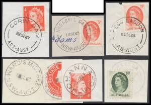 POSTMARKS: Mid-1960s collection organised thematically, many scarce to rare items including 'CORIN DAM/ ACT-AUST', 'EGG LAGOON/TAS-AUST' (rated RRR), 'JINDABYNE DAM/NSW-AUST', 'JOHANNA/VIC' & 'WARD'S MISTAKE/NSW-AUST' (TO only), strikes are generally fine