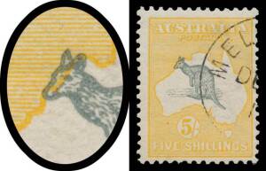 Five Shillings First Wmk 5/- grey & chrome-yellow with Roo's Head just out of the Map, slightly aged but full unmounted o.g.; Third Wmk 5/- perf 'OS', large-part o.g.; SMult Wmk 5/- with Elongated Spencer Gulf perf 'OS', no gum; all CTO, Cat $825 (without
