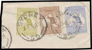Parcel piece with First Wmk 3d 6d & 2/- & Sydney cds of 16JA14; small piece with perf 'OS' Third Wmk 2/- maroon & SMult Wmk 6d, a few short perfs; and small piece with Third Wmk 2/- maroon perf 'OS' & SMult Wmk 6d overprinted 'OS'; Cat $550++. Very scarce