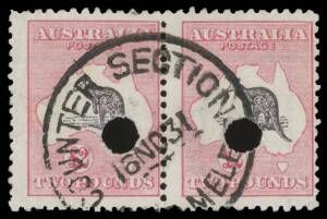 Telegraph punctures comprising Third Wmk &pound;2 purple-black & rose-carmine horizontal pair with superb 'COUNTER SECTION/GPO MELB' cds, CofA Wmk &pound;1 horizontal pair with very fine 'TELEGRAPH OFFICE/LAUNCESTON' cds & &pound;2 single with unusual large punch. Unusuall