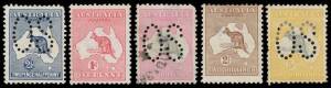 Selection with 5d No Imprint (!) gutter block of 4, scarce group of varieties including 1d Double Perforations, 1d White Flaw West of Tasmania, 1d Extra Island above First 'N' of 'PENNY' in a block of 4, 2/- Deformed 'N' in 'SHILLINGS' (atrocious centring