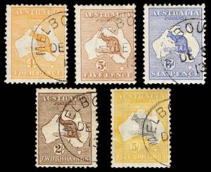 4d 5d 6d (gum) 2/- (gum) & 5/- all CTO with Melbourne cds, Cat $900. (5)