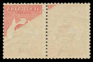 1d red Die I horizontal pair with a superb Offset BW #2cb affecting 40% of one unit & 2% of the other unit, unmounted, Cat $400+ (mounted). [The ACSC states "All offsets seen are not particularly pronounced; price quoted is for more prominent examples"]