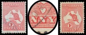 1d red varieties including Sideways Watermark (very fine but poorly centred), Two Tasmanias x4 (!) BW #3(E)d, Extended Eyre Peninsula #3(F)h, Scratch thru Last 'A' of 'AUSTRALIA' #4(G)m x2, Broken Value Tablet #4(K)h (in unused perf 'OS' pair) etc, a few 