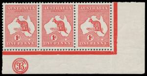1d red Die I 'JBC' Monogram strip of 3 BW #3(D)zb, unusual striated gum probably caused by previous storage but of very fine appearance, Cat $1500.
