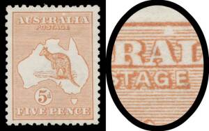 5d chestnut with White Flaw above 'AL' of 'AUSTRALIA' BW #16(U)f, very well centred, hinge remainder, Cat $450.