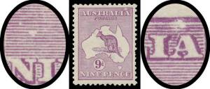 9d violet with Solo Yachtsman South of Western Australia (Second State, also with White Flaw above 'IA' of 'AUSTRALIA') BW #24(2)pa, a couple of nibbled perfs & a little aged, Cat $450. Very scarce.
