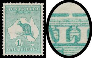 1/- blue-green with Break in Top Frame above 'L' BW #30(2)e, well centred, hinge remainders, Cat $500.