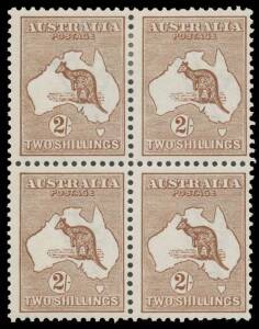 2/- brown block of 4, a couple of nibbled perfs, the lower units are unmounted, Cat $6300+. A rare & very fresh multiple.