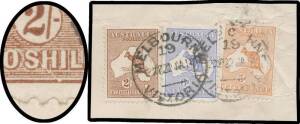 2/- brown with White Dog-Leg Flaw through 'SH' of 'SHILLING' to Lower-Left of the Value Tablet BW #35(2)f plus 4d chestnut & 6d ultramarine tied to linen-backed parcel piece by very fine Melbourne cds that is well clear of the variety, Cat $550++. An exce
