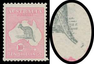 10/- grey & pink with Broken Tail on Kangaroo BW #47(V)e, an unusually tall stamp, well centred, Cat $2250. Most attractive.