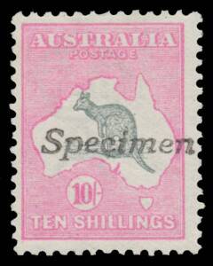 10/- grey & pink with 'Specimen' handstamp BW #47x, very lightly mounted, Cat $750. Advertised retail $575. Superb!