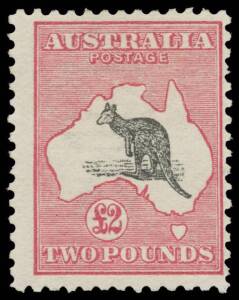 &pound;2 grey-black & rose-carmine, Cat $10,000. Advertised retail "POR". Sergio Sismondo Certificate (2009) states "...full original gum and lightly hinged. It has fresh gum, paper and colours, and is entirely free from faults..."