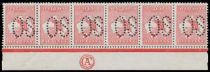 1d red Die II 'CA' Monogram strip of 6 BW #3(F)z, no side margins, minor bends, four units - including the Monogram unit - are unmounted, Cat $1000 mounted.