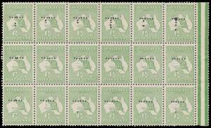 PERFORATED 'T': &frac12;d green block of 18 (6x3) from the left-hand pane demonstrating the somewhat haphazard 2-part process to produce the 'T' on each stamp, a trifle aged & a few minor tonespots, unmounted. An unusually large perf 'T' multiple.