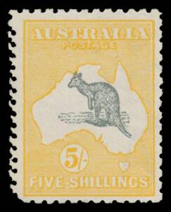 5/- grey & chrome-yellow as BW #43B but with Double Perfs at Left, pulled corner perf at lower-left, the gum a bit aged, Cat $1500 as normal. Unlisted variety; offered "as is".