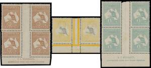 Imprint blocks of 4 comprising 6d brown Harrison ('N' over 'M', nasty tonespot on the last unit), Mullett (Plate 4) & Ash 'N' over 'N' and 'N' over 'A', and 1/- Die IIB Mullett, also pairs 1/- Ash (rounded corner) and the rare 5/- Harrison (the imprint sl
