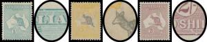 Listed varieties including 3d olive-green with the Watermark Inverted, 1/- with the Watermark Sideways, 6d brown Broken Leg x2 (one in a perf 'OS' corner pair) & Splodge on 'A' of 'POSTAGE' BW #21(3)e in a pair, 1/- Retoched First 'A' in 'AUSTRALIA', Defo