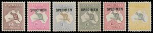2d to 5/- complete including 3d Die II, plus 'SPECIMEN' Overprints Type B 10/- &pound;1 brown & blue and &pound;2, and Type C &pound;1 grey, the 9d & &pound;1 grey are a bit aged otherwise generally fine & fresh. Advertised retail $3000+. (15)
