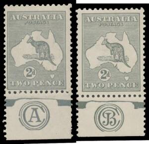 2d grey Die IIA 'CA' and 'JBC' Monogram singles BW #8za & zc, the latter with Broken Inner Frame by 'T' of 'TWO', lightly mouned, Cat $2500.