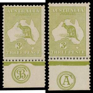 3d olive-green Plate 1 'JBC' Monogram & Plate 2 'CA' Mongram singles BW #13(1)zc & (2)za, both with heavily "suntanned" gum but of fine appearance & very lightly mounted, Cat $2750+ (for olive shades).