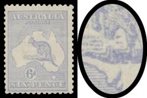 Harrison Plates 6d pale ultramarine with Broken Leg on Kangaroo BW #20(3)d, characteristic centring for this variety, light bend, very lightly mounted, Cat $2750. Chris Ceremuga Certificate (2010).